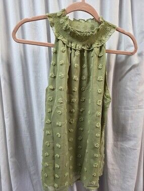 Sleeveless Light Green Textured Ruffle Neck Top